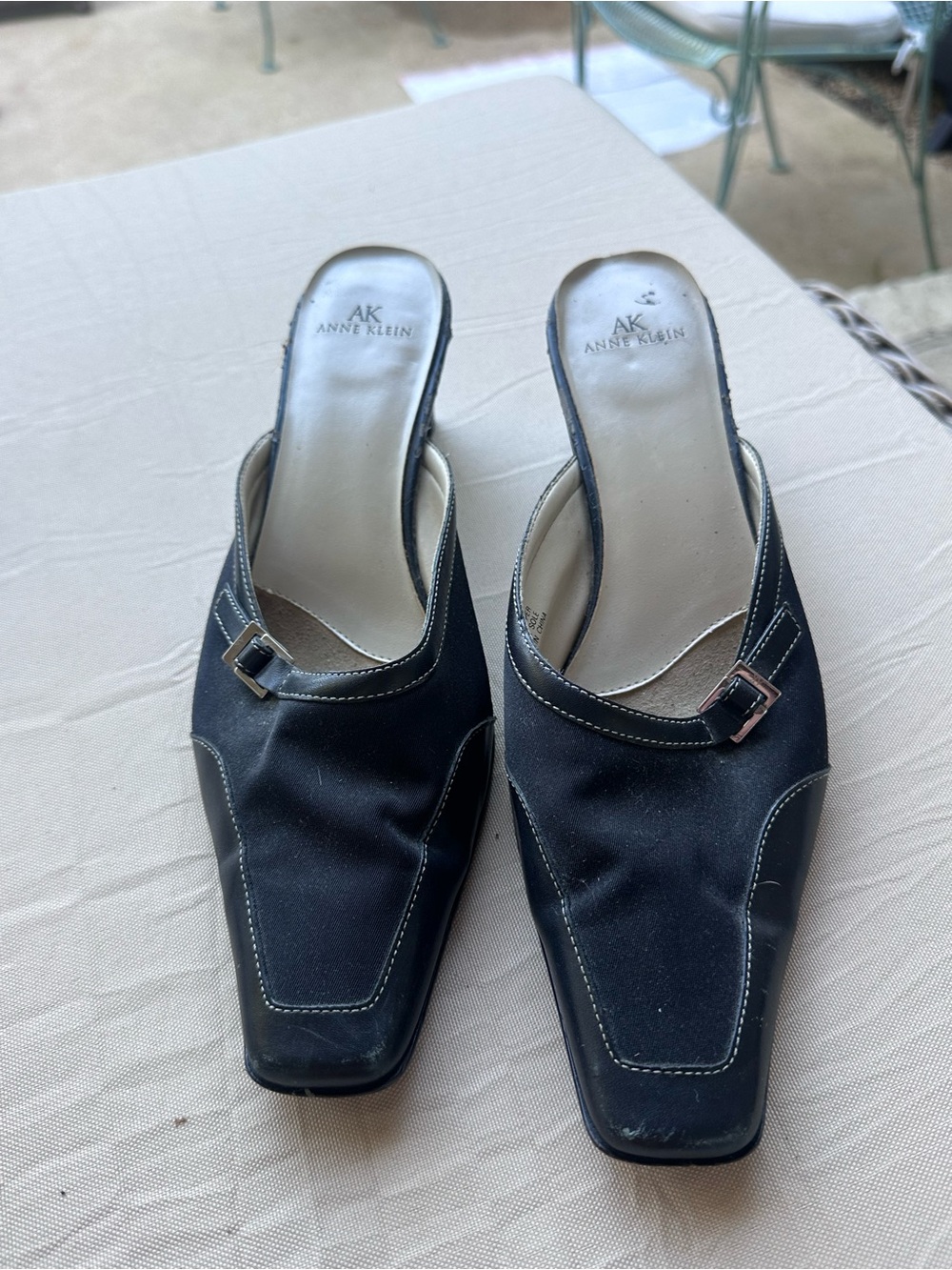 Anne Klein Black Square-Toe Slip-On Mules with Buckle Detail